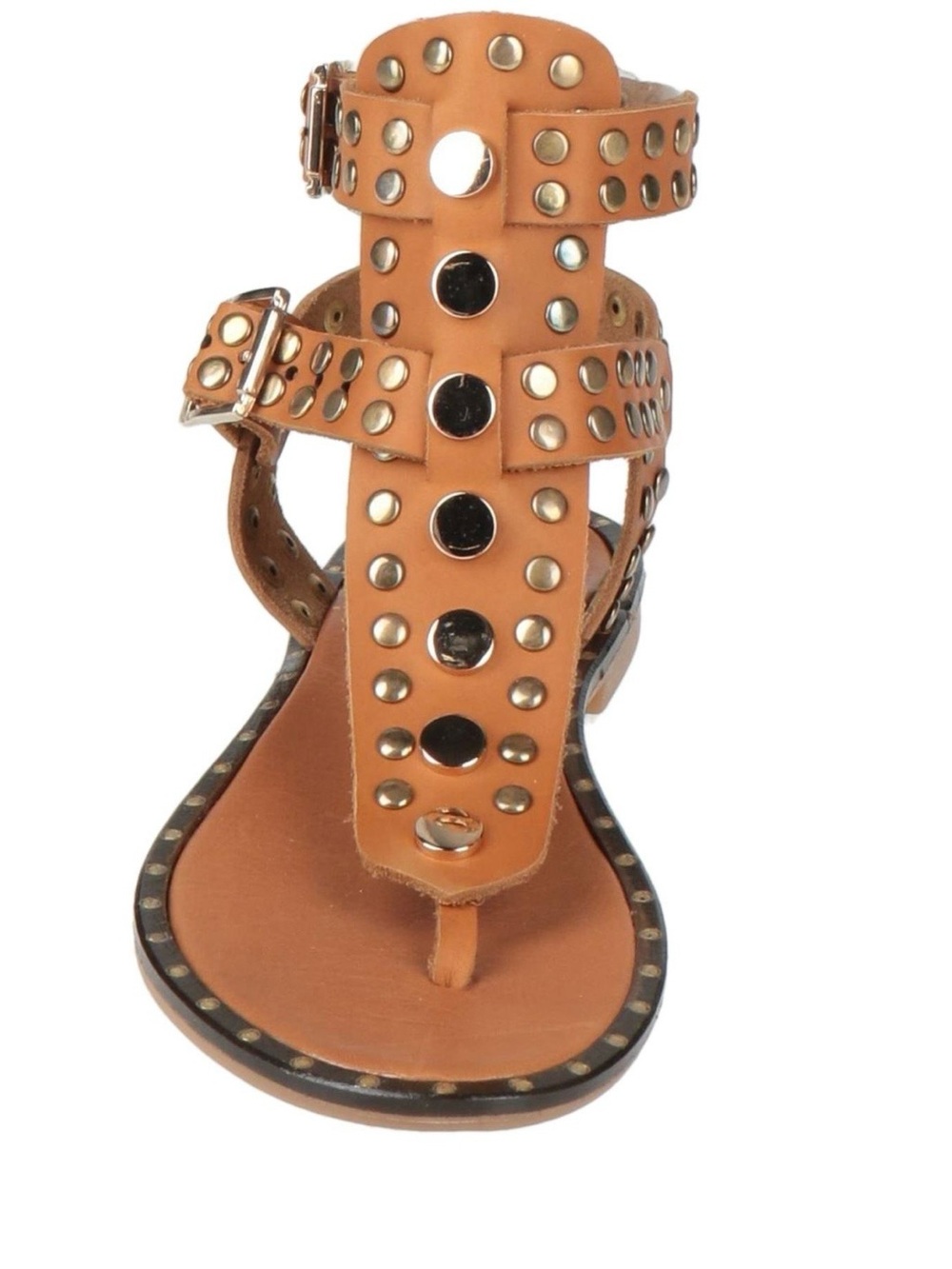 Women's Tan Studded T-Strap Sandal with Buckle